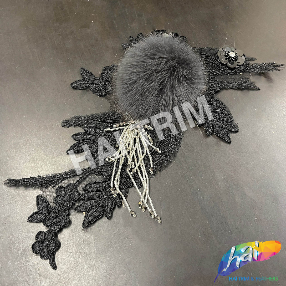 Beautiful fur headband with beaded flower appliqué Edit-WWH002.jpg main image 3