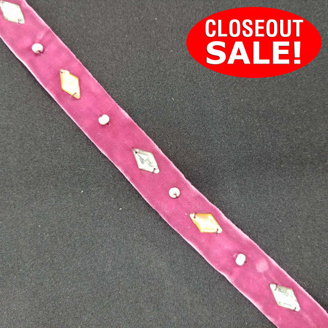 CLOSEOUT! 6 yards Stones and Beads on Burgundy Pink Velvet Ribbon , COT-048