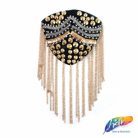 Gold/Black Beaded Epaulets with Dangling Chain Tassels, EP-004 (sold per piece)
