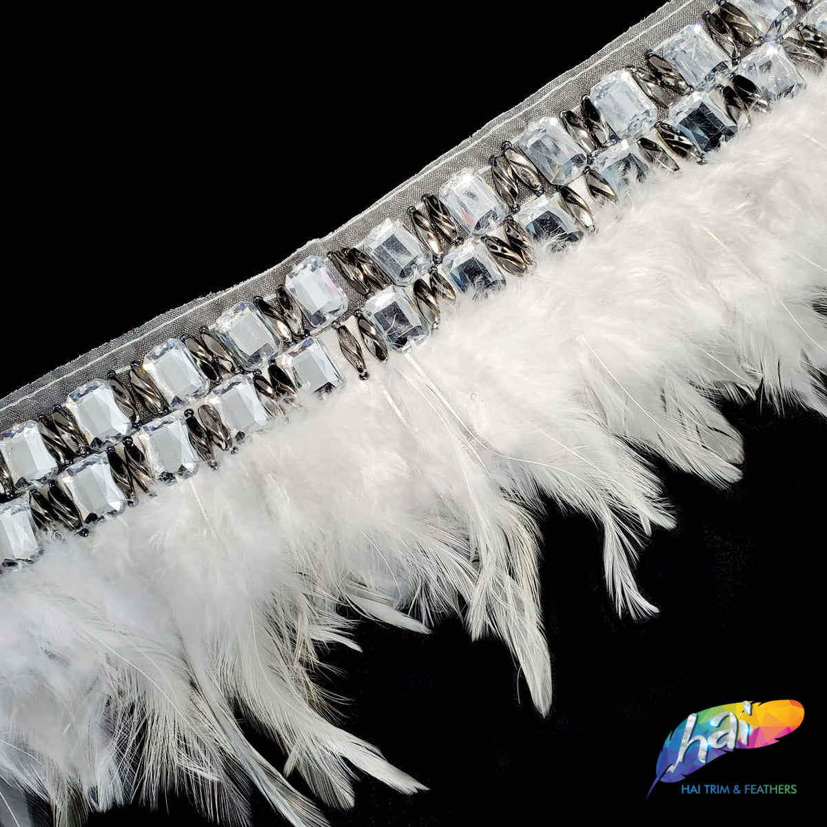 5-6” White Saddle Feather Trim with Clear Acrylic Stones and Gunmetal – Hai  Trim & Feathers