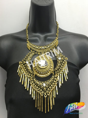 Gold Tribal Necklace with Rhinestones, NEK-069