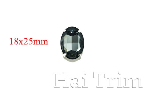 18x25mm Black Diamond Oval Sew-on Rhinestones w/ Metal Setting