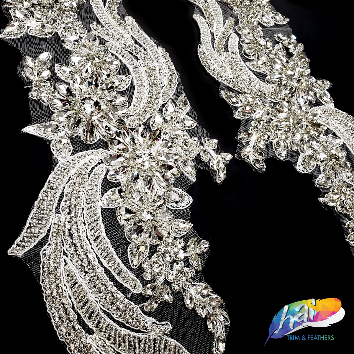 SALE! Flower Beaded Rhinestone Motif Applique on Lace (Sold