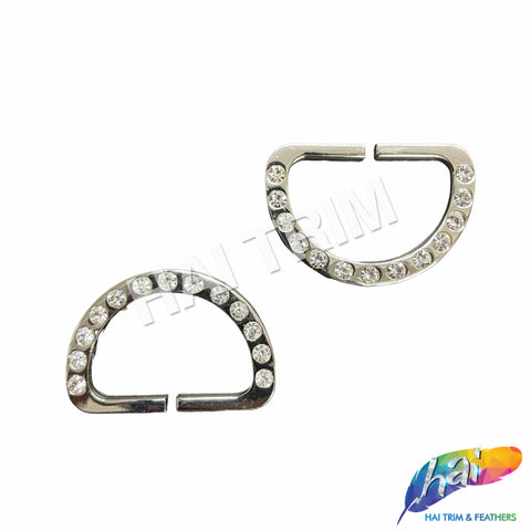 Silver/Crystal D-Ring Rhinestone Buckle - Open Style (2 pieces), RB-085