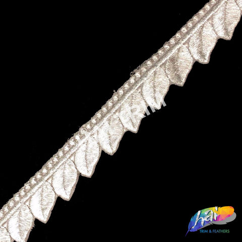 7/8" Silver Metallic Leaf Embroidered Trim, EMB-016