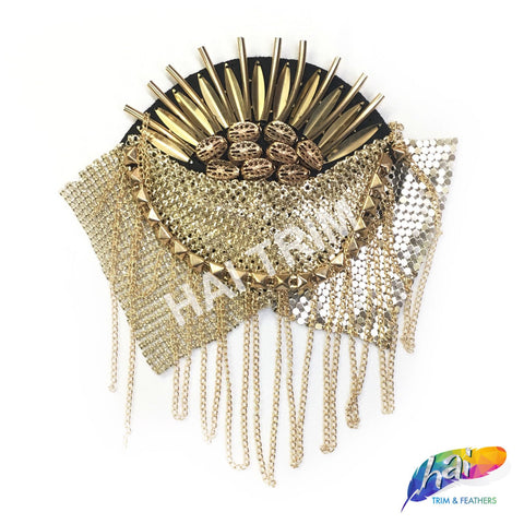 Gold Beaded Spike Epaulet with Chainmail and Dangling Chain Trim, EP-009 (sold per piece)