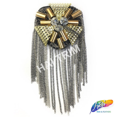 Gold/Gunmetal Beaded Epaulets with Dangling Chain Tassels, EP-005 (sold per piece)