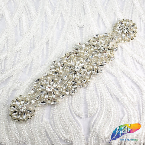 Silver Crystal Pearl Beaded Rhinestone Motif Applique, PRA-005