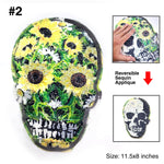 Reversible Green/Yellow Floral Skull Flip Sequins Applique, EMBA-015