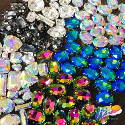 Glass Sew On Rhinestones on Metal Setting in different shapes and sizes.