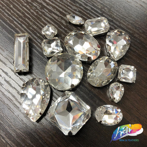 Crystal Sew On Stones with Silver Metal Prong Setting - comes in different shapes and sizes