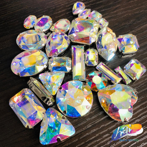 Crystal AB Sew On Stones with Silver Metal Prong Setting - comes in different shapes and sizes