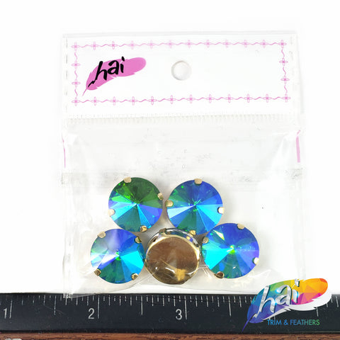 15mm Blue Green Round Sew-on Rhinestones w/ Metal Setting (5 pieces)