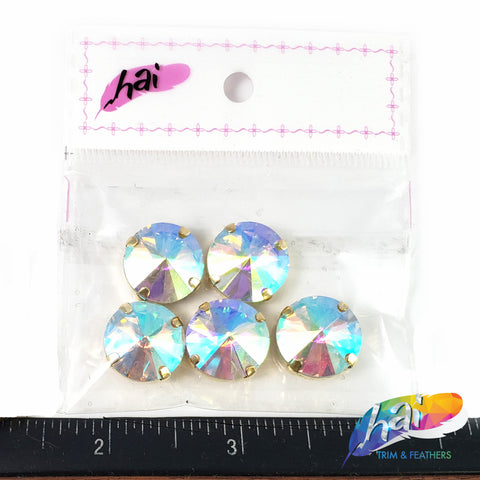 15mm Crystal AB Round Sew-on Rhinestones w/ Gold Metal Setting (5 pieces)