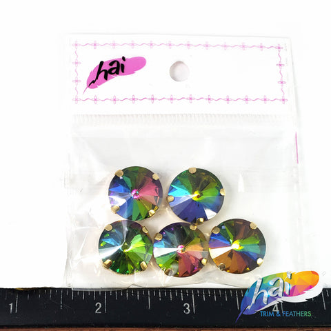 16mm Multicolor/Peacock Round Sew-on Rhinestones w/ Metal Setting (5 pieces)