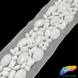 3” White Acrylic Stone Beaded Trim with Mesh, ACR-085