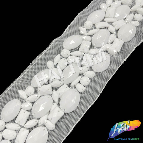 3” White Acrylic Stone Beaded Trim with Mesh, ACR-085