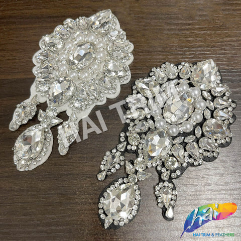 Crystal Pearl Flower Teardrop Rhinestone Applique, BA-178