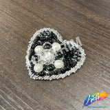 Silver/Black/Ivory Beaded Rhinestone Sequins Heart Applique, BA-188