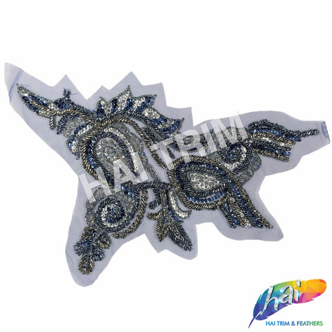 SALE! Navy/Gunmetal/Silver Beaded Sequins Rhinestone Applique, BA-302
