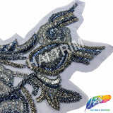 SALE! Navy/Gunmetal/Silver Beaded Sequins Rhinestone Applique, BA-302