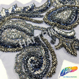 SALE! Navy/Gunmetal/Silver Beaded Sequins Rhinestone Applique, BA-302