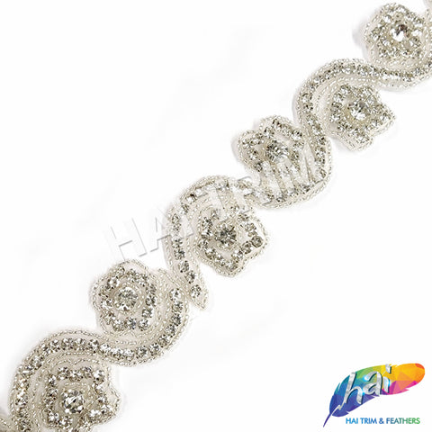 1 1/2" Wavy Flower Beaded Crystal Rhinestone Trim (sold by yard piece), BRT-015