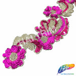 Fuchsia/Silver Flower Motif Beaded Sequins Applique, BSA-10