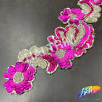 Fuchsia/Silver Flower Motif Beaded Sequins Applique, BSA-10