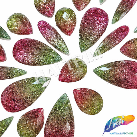 Lime Green/Pink 2-tone (Ombré) Glitter Resin Stones, #B