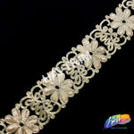 2 3/4" Light Gold Metallic Flower Embroidered Trim, EMB-010