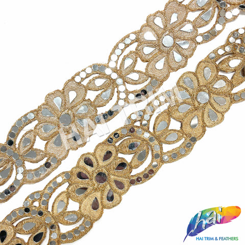 2 1/2" Flower Embroidered Trim with Cut Mirrors, EMB-066