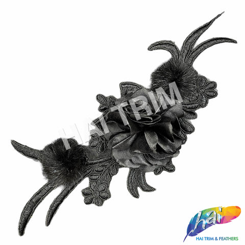 Black Chiffon Embroidered Flower Applique with Mink Fur, EMBF-001