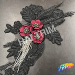 Black/Burgundy/Silver Beaded Rhinestone Embroidered Flower Applique, EMBF-011