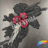 Black/Burgundy/Silver Beaded Rhinestone Embroidered Flower Applique, EMBF-011