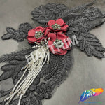 Black/Burgundy/Silver Beaded Rhinestone Embroidered Flower Applique, EMBF-011