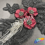 Black/Burgundy/Silver Beaded Rhinestone Embroidered Flower Applique, EMBF-011