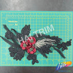 Black/Burgundy/Silver Beaded Rhinestone Embroidered Flower Applique, EMBF-011