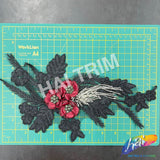 Black/Burgundy/Silver Beaded Rhinestone Embroidered Flower Applique, EMBF-011