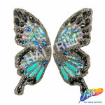 Multicolor Blue/Black/Gunmetal Butterfly Iron On Applique (sold by pair), IRA-184