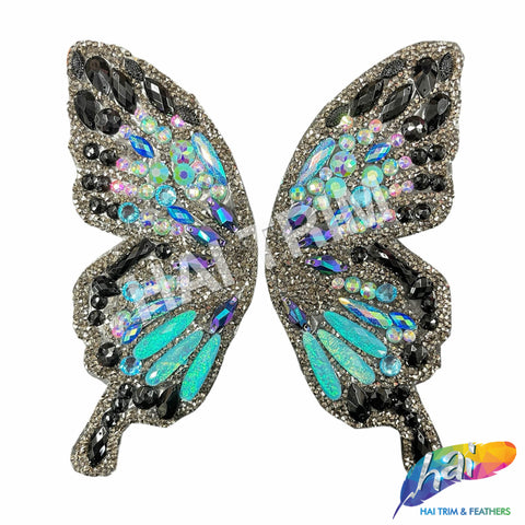 Multicolor Blue/Black/Gunmetal Butterfly Iron On Applique (sold by pair), IRA-184