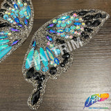 Multicolor Blue/Black/Gunmetal Butterfly Iron On Applique (sold by pair), IRA-184