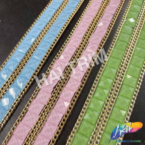 SALE! 1 3/8" 2-row Square Stud Iron On Trim with Chain Border, IRT-007C