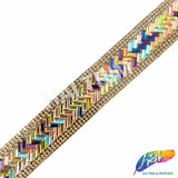 1" Multicolor/Gold Herringbone Rhinestone Iron on Trim, IRT-067-1