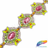 3 1/4" Pink/Lime/Neon Yellow Medallion Iron on Trim, IRT-077-1