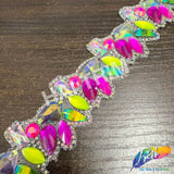 1 1/2”  Neon Pink/Neon Yellow/Multicolor Stone Iron on Trim, IRT-089
