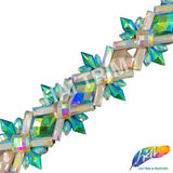 2 1/8” Green AB/Aqua AB/Peach/Clear AB Diamond Star Iron on Trim, IRT-143