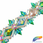 2 1/8” Green AB/Aqua AB/Peach/Clear AB Diamond Star Iron on Trim, IRT-143