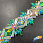 2 1/8” Green AB/Aqua AB/Peach/Clear AB Diamond Star Iron on Trim, IRT-143