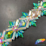 2 1/8” Green AB/Aqua AB/Peach/Clear AB Diamond Star Iron on Trim, IRT-143